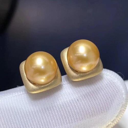D323 Pearls Earrings Fine Jewelry Femlales Solid 18K Gold Natural 7-8mm Round Ocean Sea Golden Pearls Stud Earrings for Women