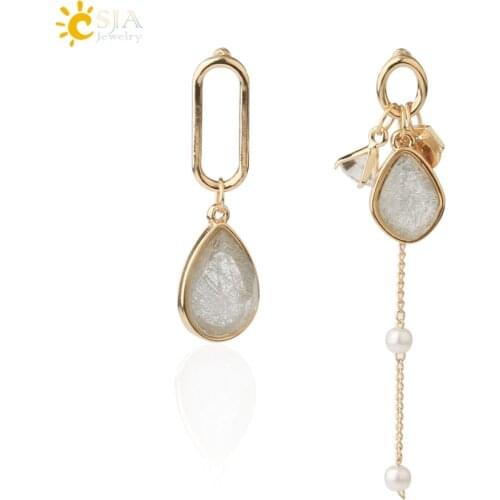 CSJA Long Water Drop Korean Asymmetrical Stud Earrings Tassel Gold Color Temperament Elegant Summer Earrings 2020 Eardrop S707