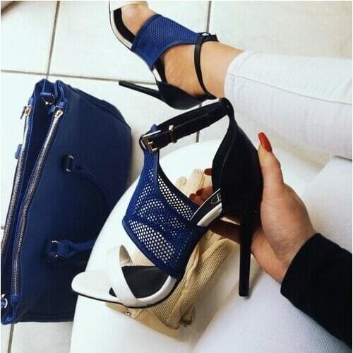 Hot Selling Blue Mesh Women Sandals Cut-out Peep Toe Ankle Strap Gladiator Sandal Women Hollow Cage Shoes Ladies Shoes With Heel