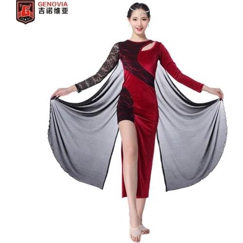 Sexy 2018 Belly Dance Costumes Flannelette Lace Long Long Sleeves Dress Women Autumn Winter Practice Club Stage Long Dress