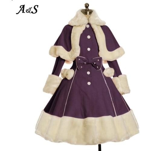 Anbenser Winter Vintage Lolita Dress Suit Women Fur Collar Long Sleeves Shawl Cute Single-breasted Warm Thick Gothic Bow Dresses