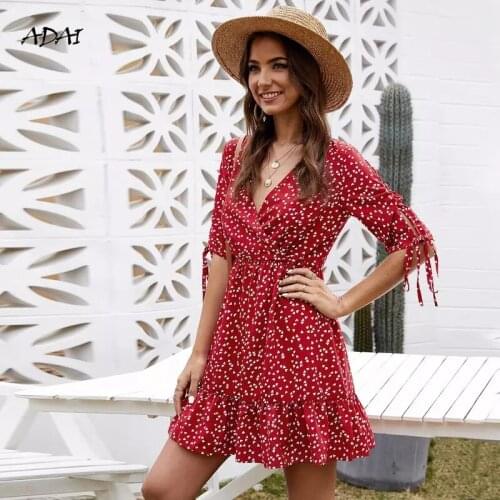 2021 New Summer Dress Vintage Loving Heart Print Red Bandage Dress Women Casual Half Sleeve Vestidos V Neck Ruffles Mini Dress