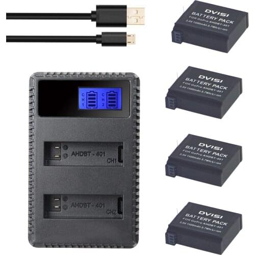 4Pcs AHDBT-401 Batteries + LCD Dual Charger For Gopro Hero 4 Battery Go Pro Hero4 bateria AHDBT 401 Action camera Accessories
