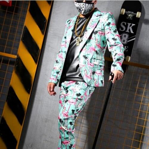 Free Shipping High-quality Bird Prints Men Fashion Suits Bars Singers Hosts Personalized Suit Stage Costumes Plus Size Blazers