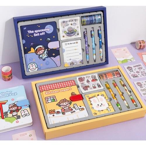 Quality Packaging Kawaii Stationery Set Gift Box For Children Diary Journal Cartoon Notebook Pretty Notebooks Masking Tape Pens