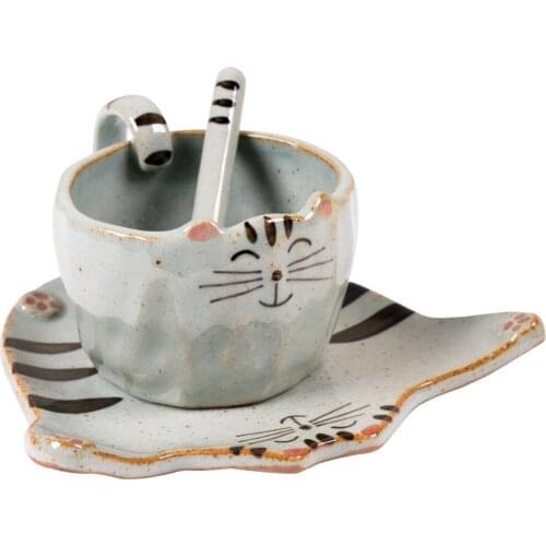 Cute Cat Coffee Mugs Saucer Spoon Cartoon Tea Cups Creative Drinkware