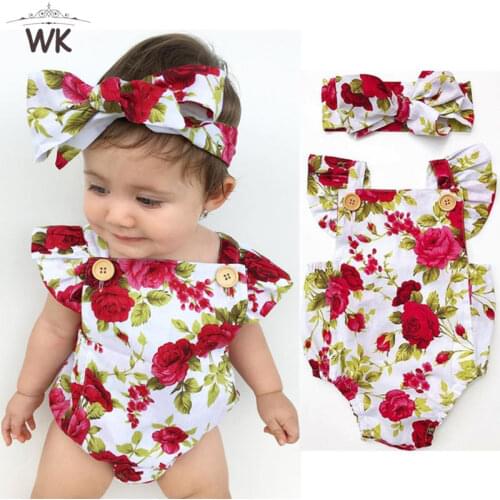 2021 Cute Floral Romper 2pcs Baby Girls Clothes Jumpsuit Romper+Headband 0-24M Age Ifant Toddler Newborn Outfits Set Hot Sale