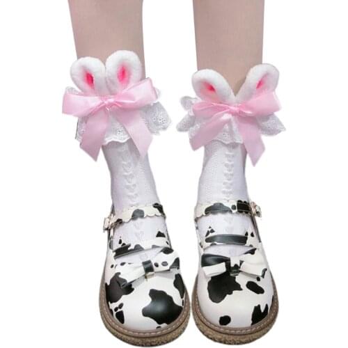 Women Girls Lolita Kawaii Cotton Crew Socks Long Plush Rabbit Bunny Ears Bowknot Ruffles Lace Japanese Style Anime Mid Tube Hosi
