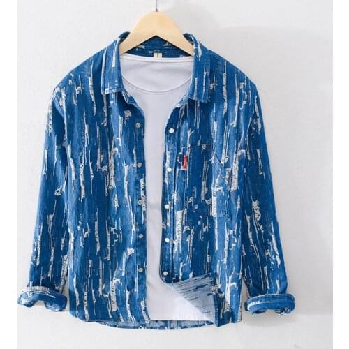 Long Sleeve Denim Shirt for Men Casual Solid Color Lapel Single Breasted Jeans Tops Male Cotton Slim Fit Streetwear Clothing