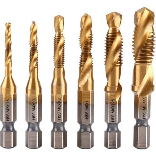 6Pcs M3-M10 Hex Shank Titanium Plated HSS Screw Thread Metric Tap Drill Bits Screw Machine Compound Thread Hand Tools