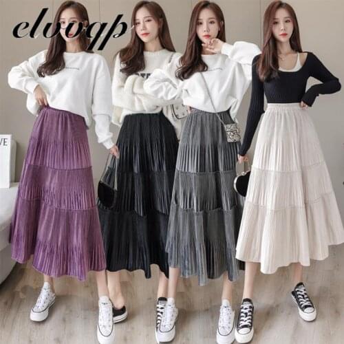 Casual Skirt 2020 New Corduroy Skirts Women High Waist A-line Skirts Women Solid Pleated Mid-calf Skirts Femme High Quality