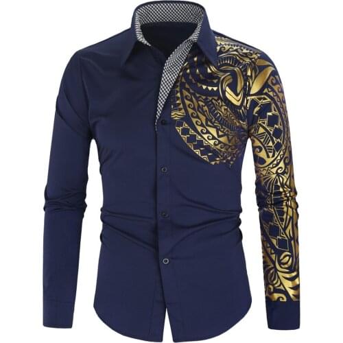 New Fashion Oversize Shirt Mens National Dragon Pattern Gilded Lapel Long Sleeve Shirt Solid Slim Male Social Casual Top