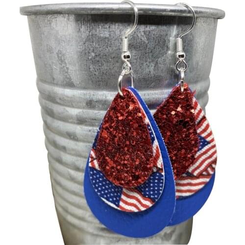 4th Of July Layer Glitter Stars Flag earrings Faux Leather Teardrop Leaf Earrings Blue And White Striped Water Drop Earrings