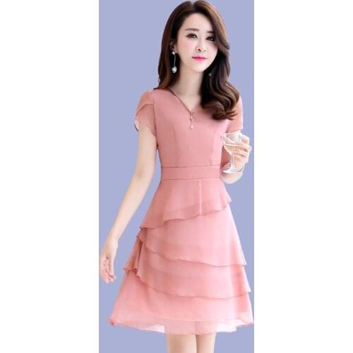 Chiffon Women Dress Summer Short Sleeve V-neck Knee-length A-line Waist Thin Vestido Sukienki Ropa Mujer Robe Femme Vadim 39