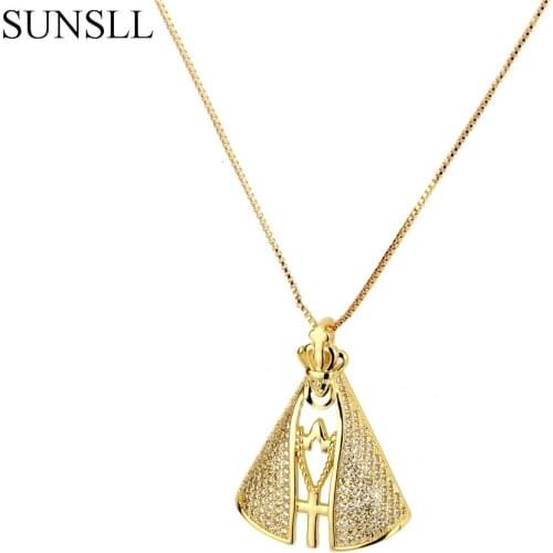 SUNSLL Gold Color Copper Blue White Cubic Zirconia Cross Pendant Necklaces Womens Fashion Jewelry CZ Colar Feminina