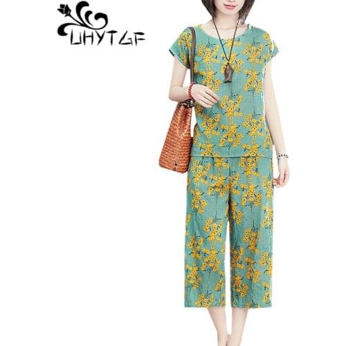 UHYTGF Summer two peice set womens fashion cotton linen wide-leg pants elegant women tracksuit loose plus size suit female 1713
