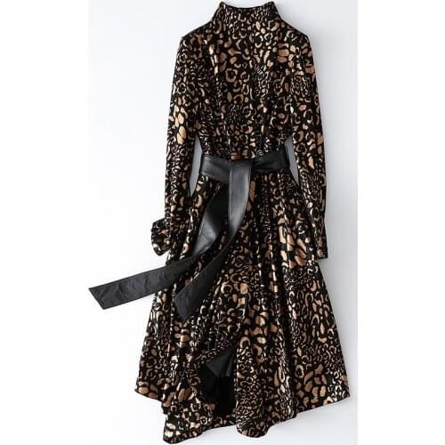 Vintage Printed Sheepskin Female Long Jackets Real Fur Spring Chic Slim Coat Outwear High Quality Leather Jacket with Sashes