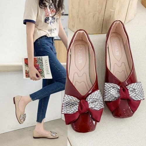 2021 New Designer Spring Autumn Solid Women Flats Shoes Slip on Leather Crystal Butterfly Knot Vulcanize Shoes