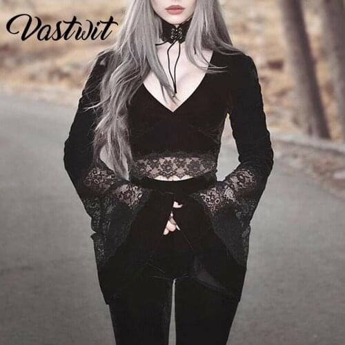 Women Gothic Lace Long batwing Sleeve Clubwear Clothes Halloween Punk Crop Tops