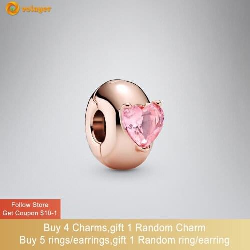 Volayer 925 Sterling Silver Pink Heart Solitaire Clip Charm fit Original Pandora Bracelets for Women Jewelry Making Gift