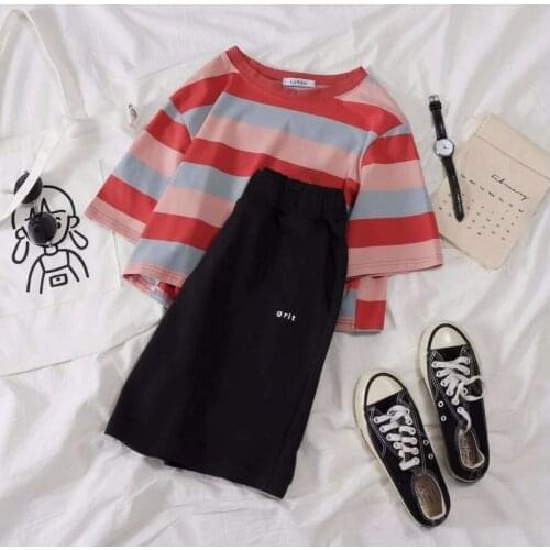 Women 2021 Summer Two Piece Set Tracksuit Clothes Female Casual Keen Length Pants Suit Striped Short Sleeve T Shirt 2pcs L250