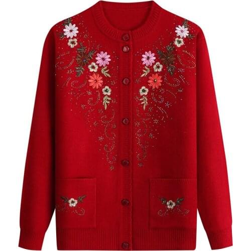 Womens Sweater Cardigan Coat 2021 New Autumn Jacket Embroidery Long Sleeved Sweater Middle-aged Female Sweater Outerwear Tops