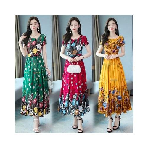 Red Green Yellow Summer Chiffon Floral Print Short Sleeve O-neck Ankle-length A-line Slim Waist Temperament Coctail Dress 9745