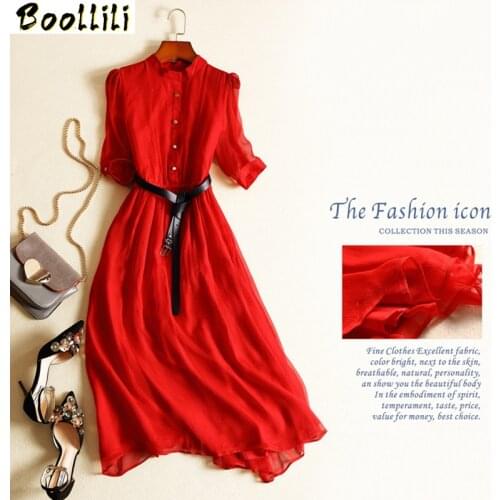 100% Real Silk Summer Dress Women Clothes Vintage Elegant Maxi Dress 2020 Ladies Dresses Office Red Dress with Belt Vestidos
