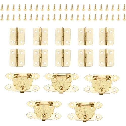 Gold 10 Pcs Vintage Chinese Old Lock Wooden Gift Box Latch Hasps Clasps Buckle with 20 Pcs Hinges and Screws Furniture Hardware
