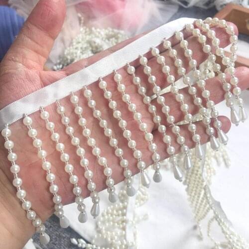 Pearl long fringed beaded lace strip wedding dress decoration costume lace curtain pearl lace