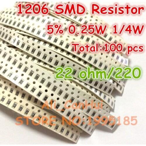 100pcs/lot 1206 5% 22 ohm 22R 220 1/4W 0.25W SMD Resistor 3.2*1.6mm