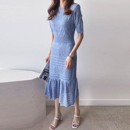2020 Summer Women Hollow Out Knitted Maxi Bodycon Dress Elegant Ladies Short Sleeve Sweater Maimerd Long Party Dresses Vestidos