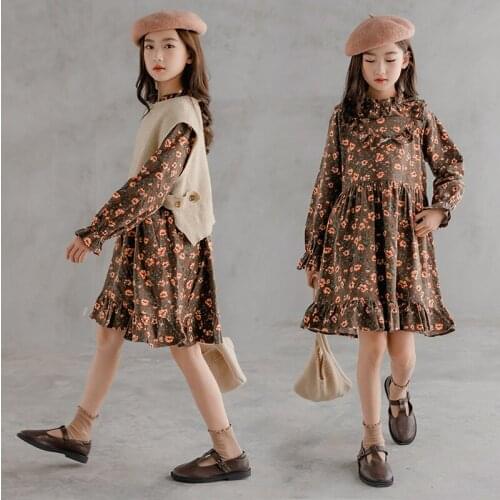 Girls Floral Dress Long Sleeve All-match Ruffle Childrens Princess Dresses Autumn Loose Girl Clothing French Style Teens Dress