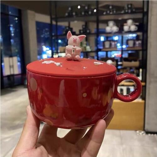 Ceramic Mug New Red Piggy Cup Cute Cartoon Creative Cup Drinking Coffee Cup with Lid
