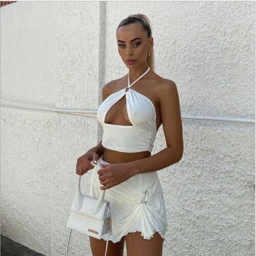 Two Pieces Clothes Set Women’s Crop Top Skirt Suit Solid Color Hollow Halter Vest Tops and A-line Mini Skirt Sexy Ladies Outfits