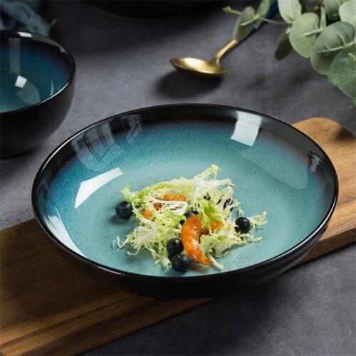 Creative Japanese Style Ceramic Dessert Dish Tableware Kiln Blue Glazed Rice Noodle Soup Bowl Steak Plate Fish Dinner Plate