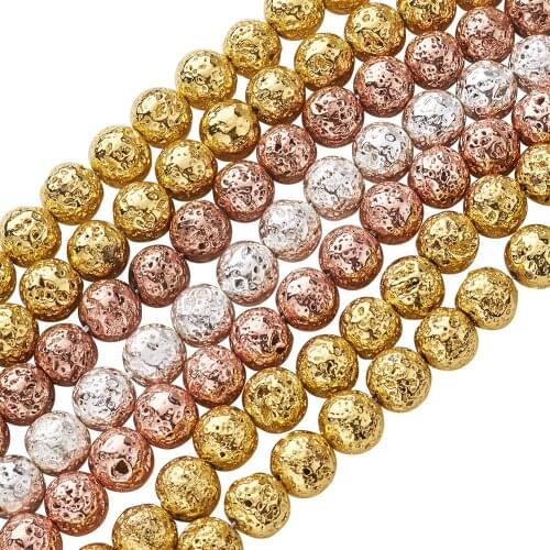5 Strand 4/6/8/10/12mm Electroplated Natural Lava Round Loose Bead Golden Silver Plated Volcanic Stone Beads