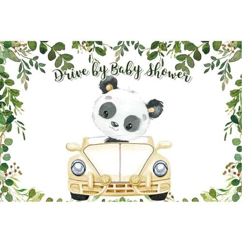 Cute Panda and Yellow Car Baby Shower Backdrop White Photography Background Celebration Photo Booth Studio Decor