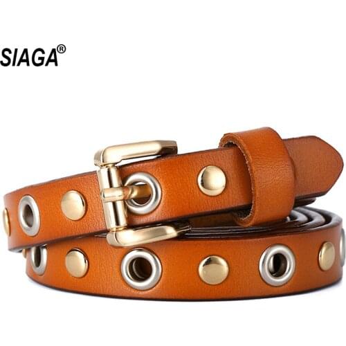 Ladies Fashion Rivet Decorative Genuine Leather Belts Girls Female Retro Thin Belt for Women Jeans 1.3cm Wide FCO001