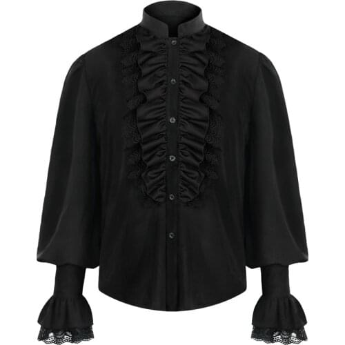 Mens Pirate Steampunk Vintage Jacket Shirts Gothic Victorian Ruffled Blouse Vintage Long Sleeve Halloween Costume Clothing XXL