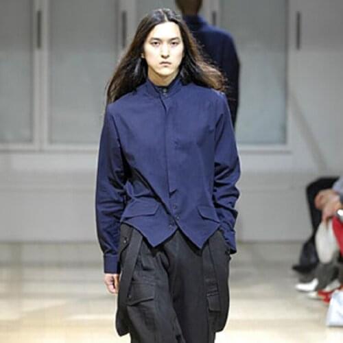 Homemade 2018 new mens shirt runway style customized lapel navy blue. S-6XL