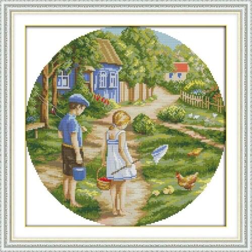 Joy Sunday Cross Stitch Kits Embroidery Needlework Sets 11&14CT Childhood Sweethearts Printed Pattern Portrait Cross Stitch Kits