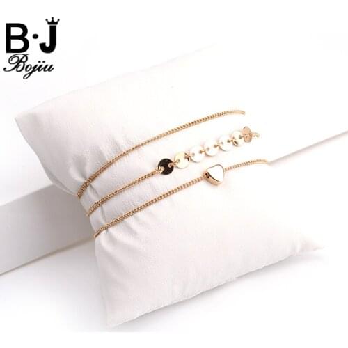 Bojiu Simple Bracelet Sets 3pcs Copper Metal Heart Round Flake Pendant Bracelet set For Women Golden Plated Jewelry BCSET23