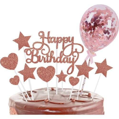 New Rose Gold Cake Toppers DIY Confetti Balloon Cake Decor Star Cupcake Decor Adult Birthday Dec Happy Birthday Decor Kid Girl