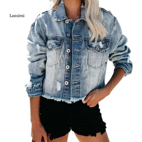 Autumn Denim Jacket Causal Short Length Single Breasted Pocket Hot Style Ladies Ripped Denim Coat Washed Hole Jeans jacket