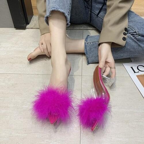 Sexy Heel Slippers Women Fashion Ostrich Fur Fluffy Sandals Outdoor Sandals For Girls 2021 New Arrival