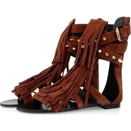 Tassel Flat Brown Sandals Hollow Custom Made Round Toe High Vamp Zipper Ankle Booties Rivet Solid Rome Sandals Cut Out Shoes