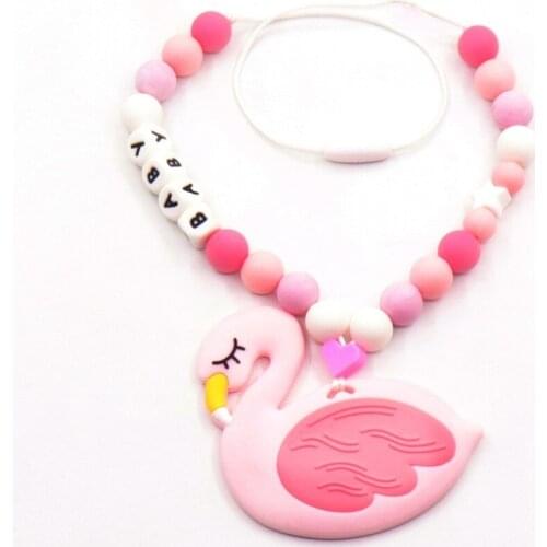 UXDXU 1pcs Baby Teethers Flamingo Charms Nursing Teething Necklace Baby Shower Gift Personalized Baby Name Unique Teethers