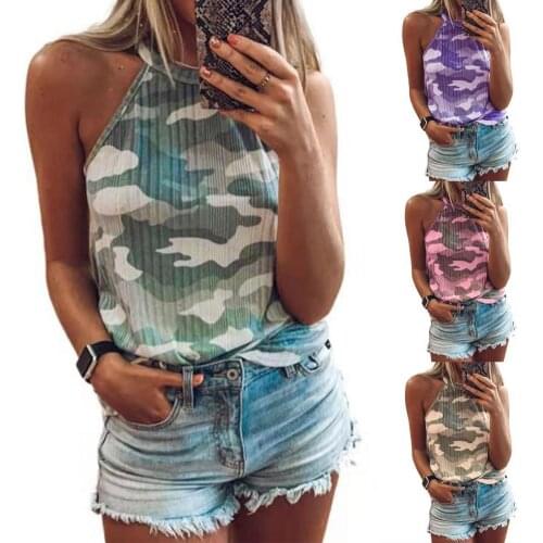Summer Women Vest Sleeveless Camouflage Print Halter T-shirt Blouse for Daily Life Ladies Hot Slim Casual Tanks Top Streetwear