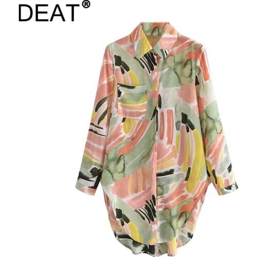 [DEAT] 2021 Autumn New Fashion Tide Turn-down Collar Long Sleeve Single-breasted Printing Loose Elegant Shirt Women 13Z621